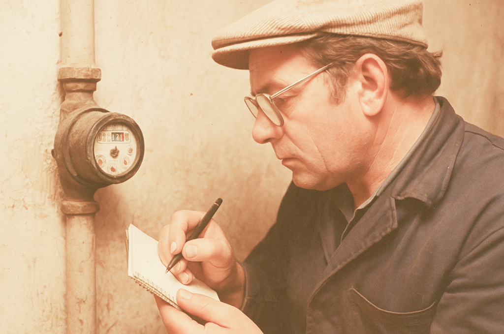 Ein vergilbtes Foto von einem Ableser vor einem historischen Wasserzähler